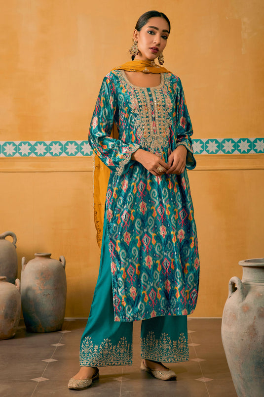 Cyan Color Function Wear Digital Print Palazzo Salwar Suit In Velvet Fabric
