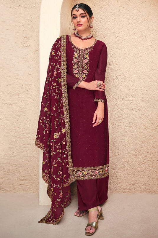 Maroon Color Georgette Fabric Tempting Embroidered Palazzo Suit