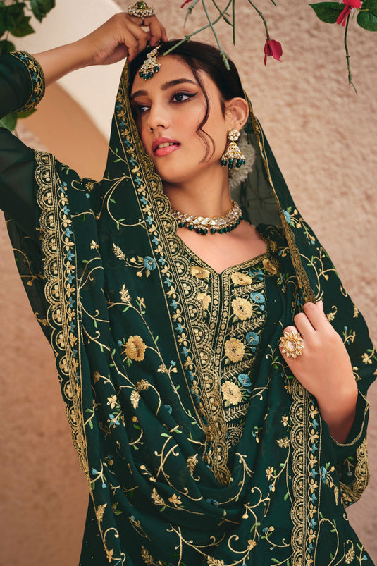 Charming Dark Green Color Georgette Fabric Embroidered Palazzo Suit