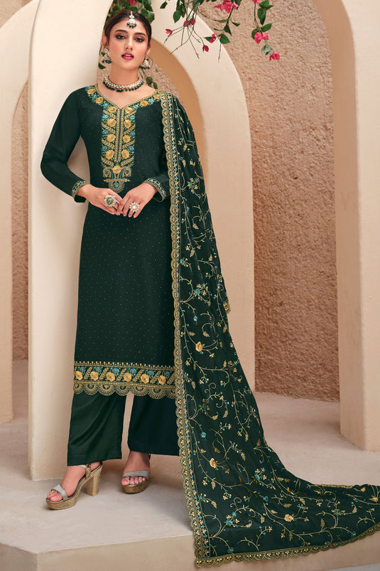 Charming Dark Green Color Georgette Fabric Embroidered Palazzo Suit