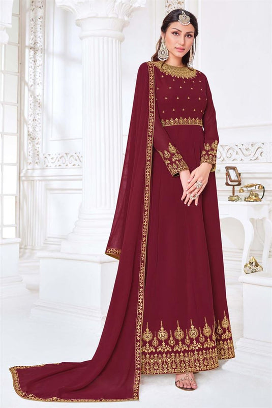 Maroon Color Festive Wear Embroidered Georgette Fabric Anarkali Suit