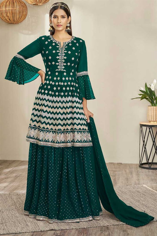 Attractive Look Georgette Fabric Green Color Embroidered Sharara Top Lehenga