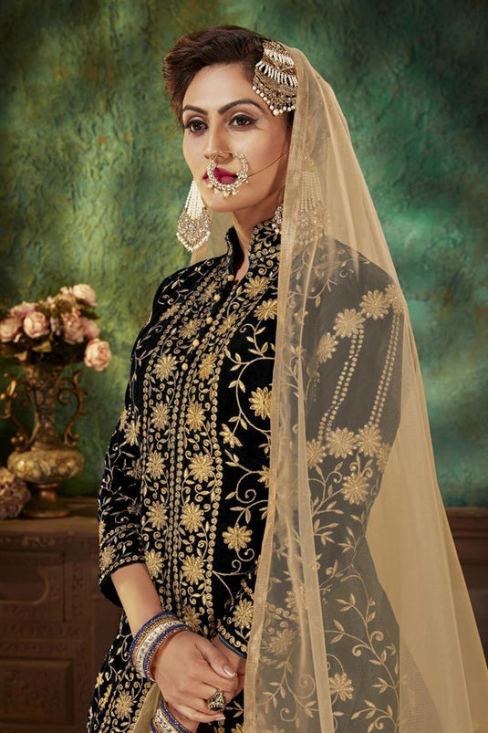 Velvet Fabric Fancy Sangeet Wear Embroidered Black Sharara Top Lehenga