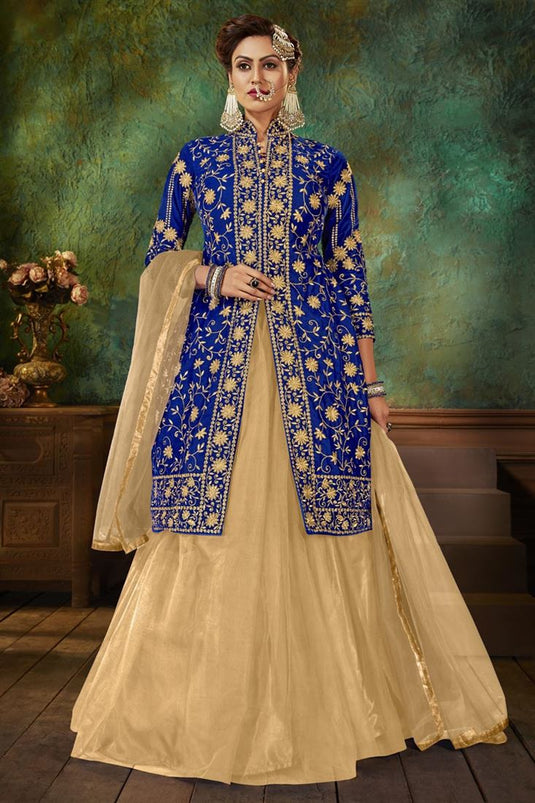 Fancy Sangeet Wear Velvet Fabric Embroidered Sharara Top Lehenga In Blue