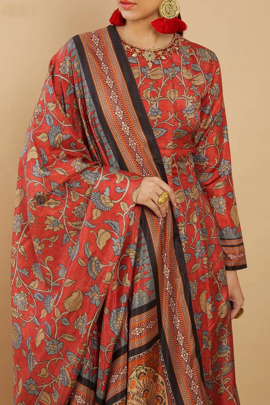 Red Festive Wear Digital Print Readymade Long Anarkali Style Gown In Art Silk Fabric