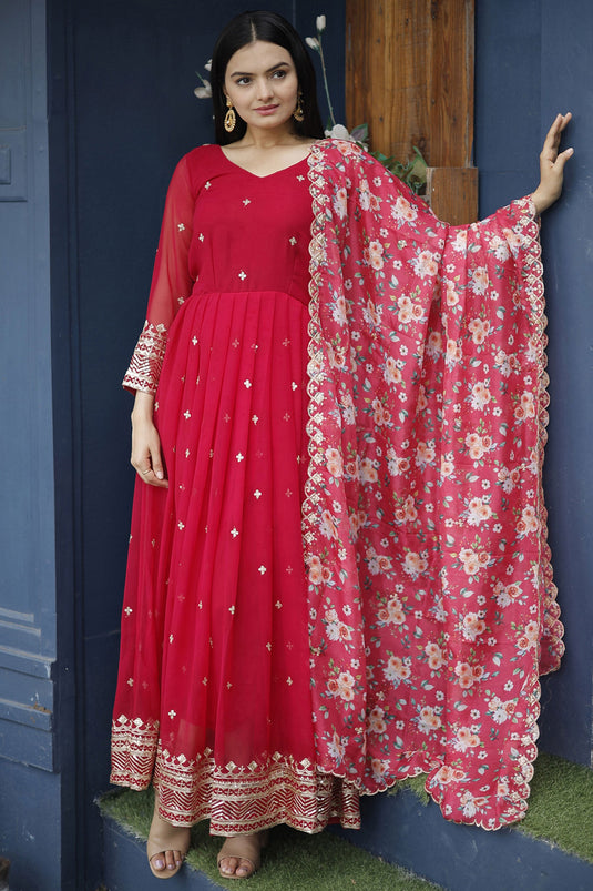 Albescent Red Color Embroidered Readymade Long Anarkali Style Gown With Dupatta