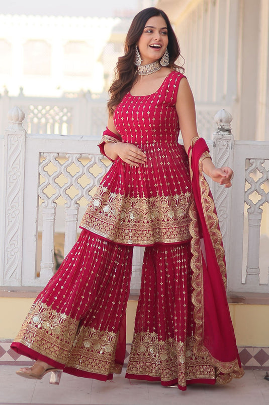 Trendy Georgette Red Color Readymade Sequins Embroidered Palazzo Suit