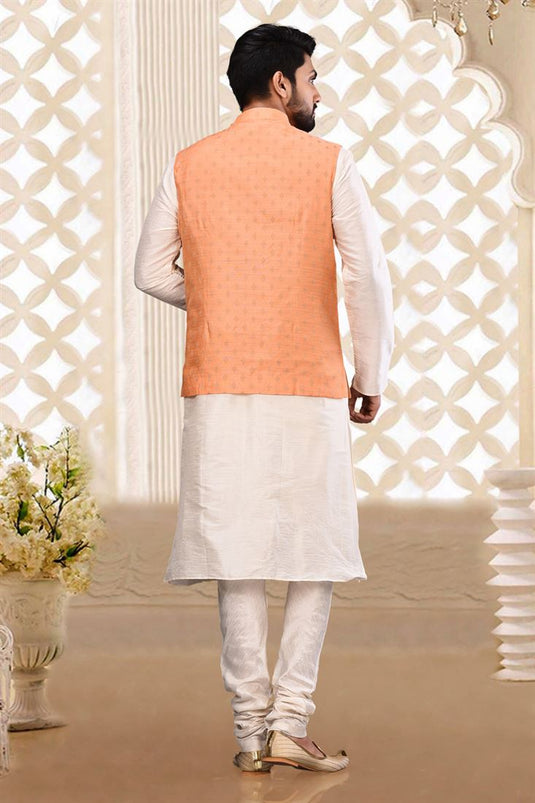 Fancy Fabric Peach Color Festive Wear Readymade Men Stylish Nehru Jacket