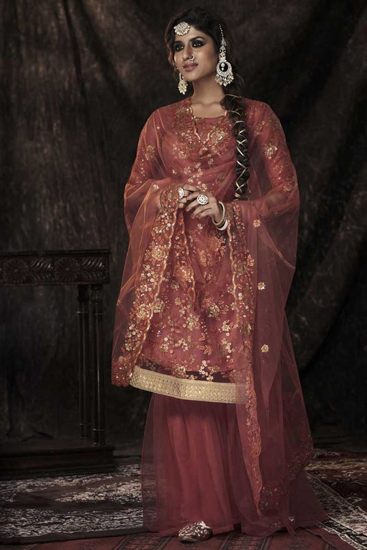 Exclusive Net Fabric Function Wear Rust Color Pleasance Sharara Suit With Sequins Work