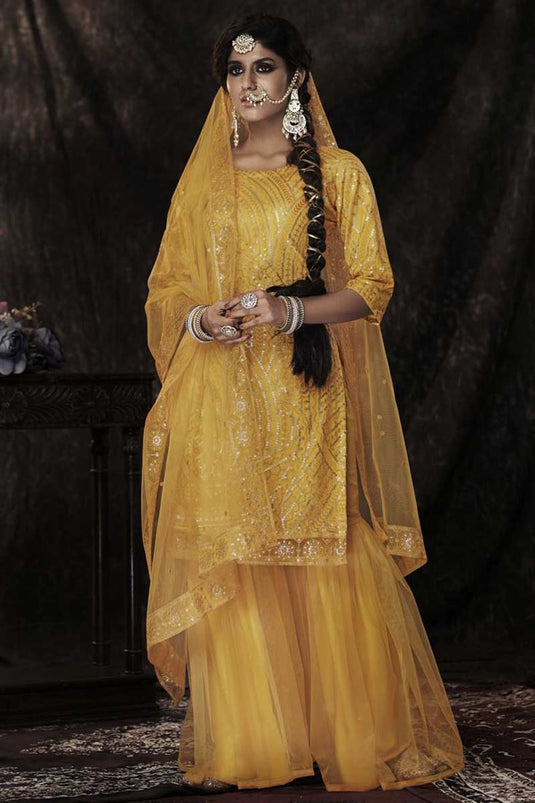 Exclusive Sequins Work On Yellow Color Net Fabric Function Wear Princely Sharara Suit