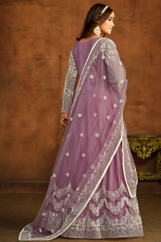 Lavender Color Festive Wear Embroidered Anarkali Salwar Suit In Net Fabric