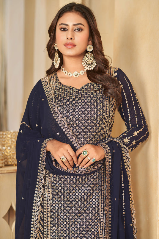Navy Blue Color Georgette Fabric Sangeet Function Classic Palazzo Suit