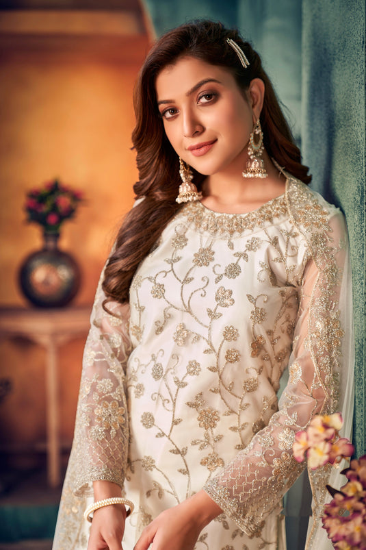 Net Fabric Fancy Embroidered Function Wear Long Straight Cut Salwar Kameez In Off White Color