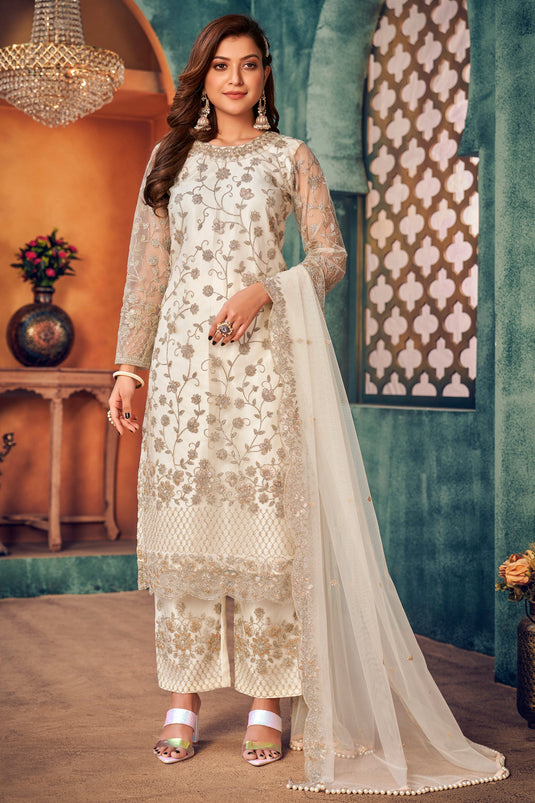 Net Fabric Fancy Embroidered Function Wear Long Straight Cut Salwar Kameez In Off White Color