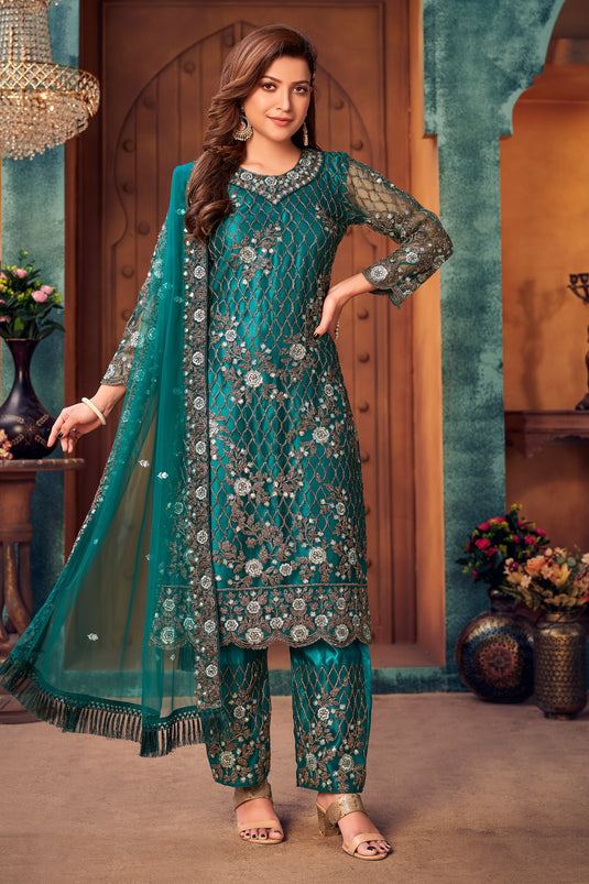 Function Wear Teal Color Embroidered Long Straight Cut Suit In Net Fabric