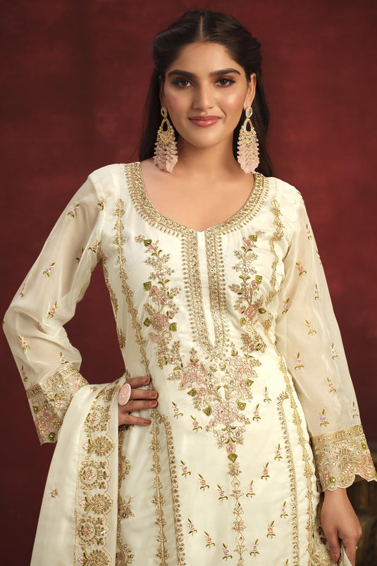 Off White Color Festive Wear Organza Fabric Embroidered Designer Long Salwar Kameez