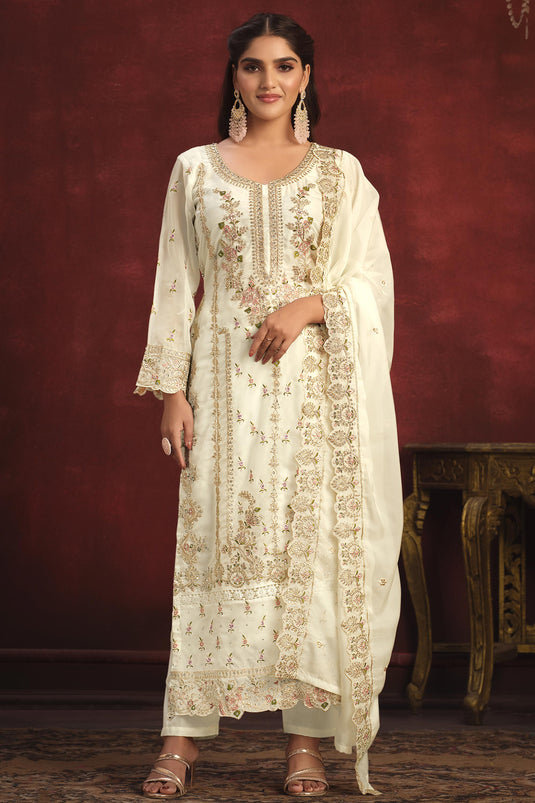 Off White Color Festive Wear Organza Fabric Embroidered Designer Long Salwar Kameez