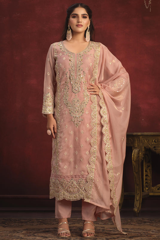 Organza Fabric Pink Color Embroidered Sangeet Wear Designer Long Salwar Kameez