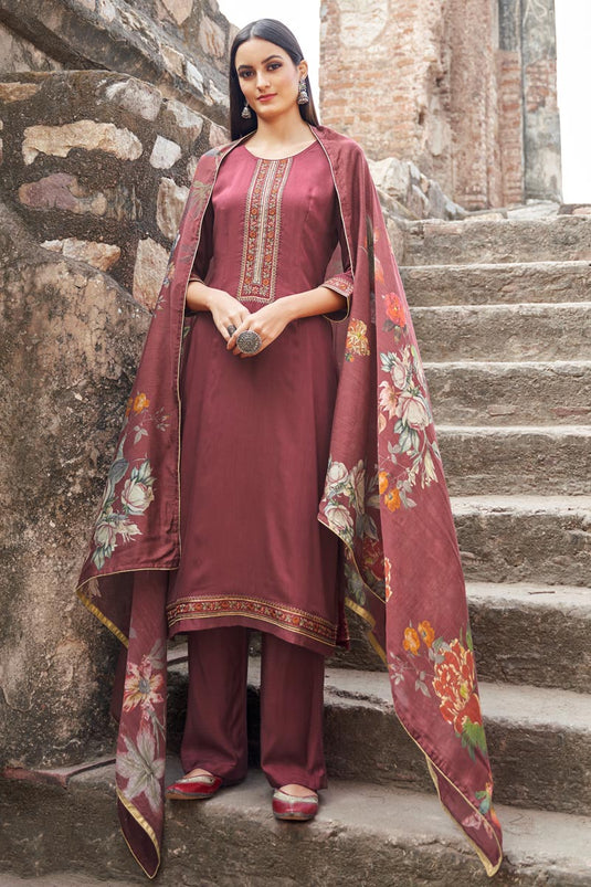 Festive Wear Pink Color Embroidered Straight Cut Suit In Fancy Fabric