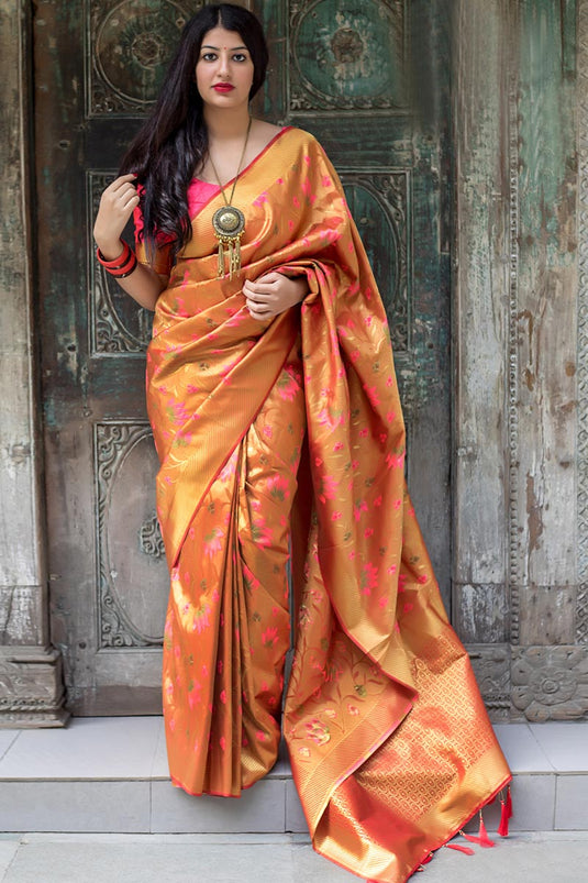 Kanjivaram Silk Traditional Orange Weaving Work Fancy Saree