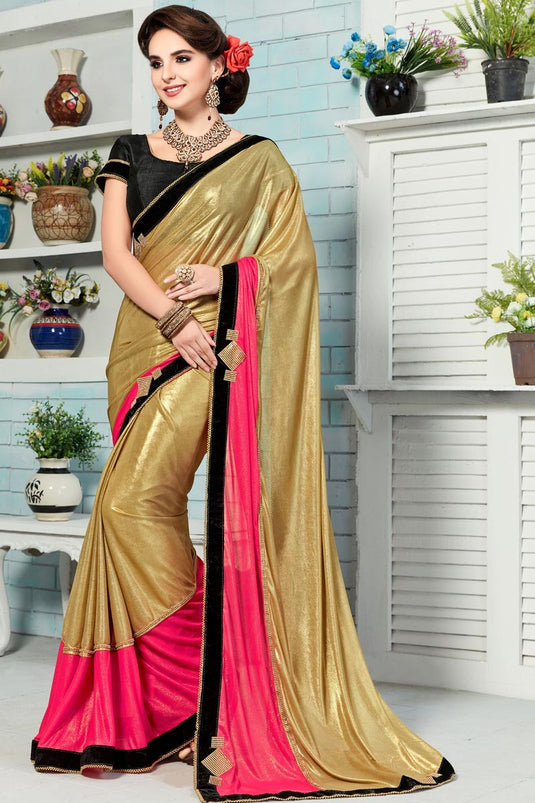 Fashionable Festive Wear Golden Color Shimmer Saree With Embroidery Work