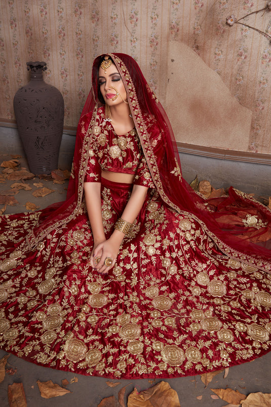 Exclusive Velvet Silk Maroon Embellished Wedding Wear Lehenga With Work