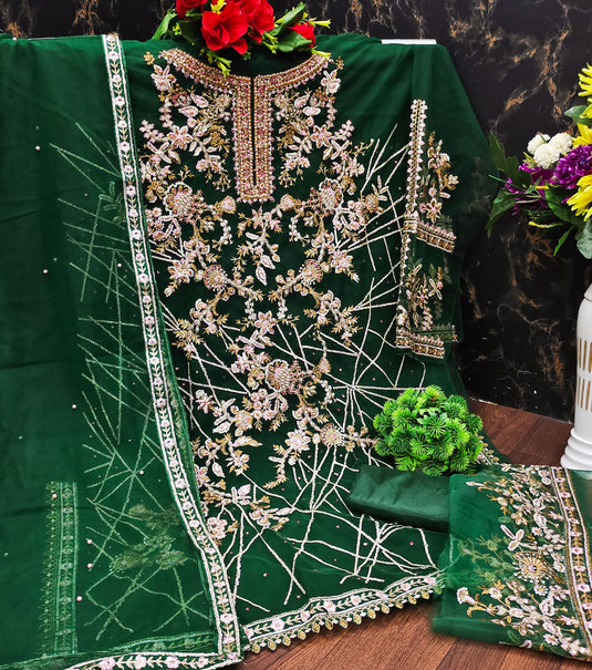 Party Wear Net Fabric Green Color Magnificent Pakistani Replica Suit