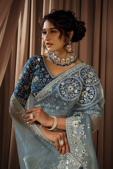 Embroidered Organza Satin Fabric Grey Function Wear Saree