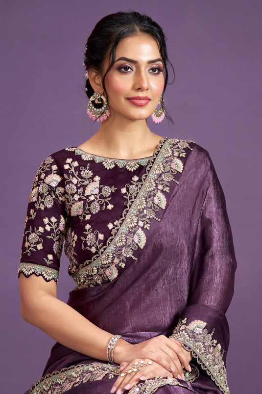 Soothing Satin Silk Party Style Two Tone Saree In Purple Color