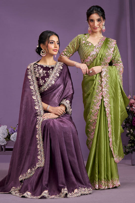 Soothing Satin Silk Party Style Two Tone Saree In Purple Color