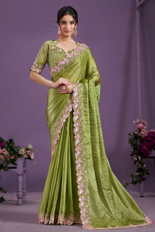 Green Color Glorious Satin Silk Party Style Two Tone Saree