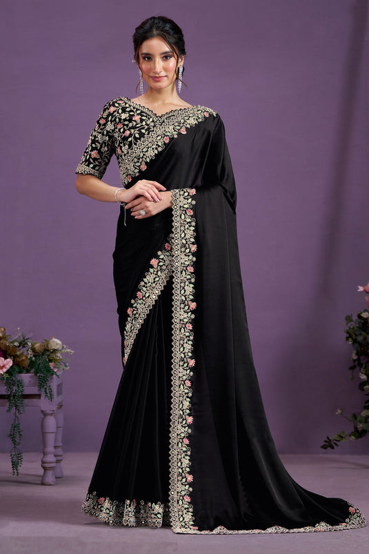 Delicate Black Color Satin Silk Party Style Two Tone Saree