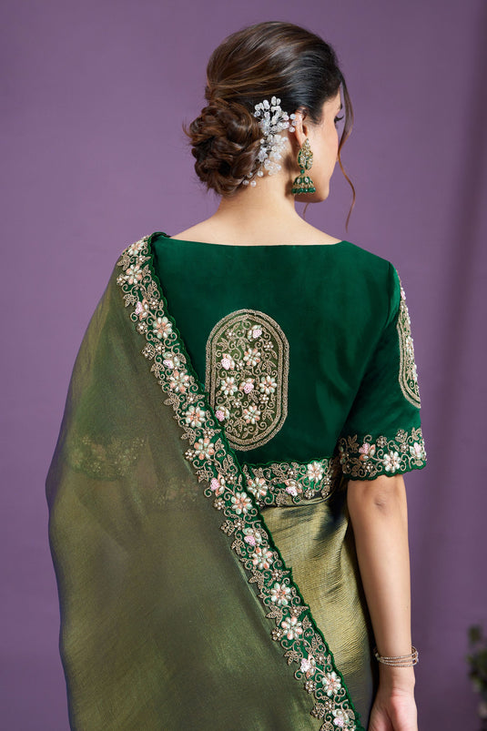 Green Color Glamorous Tissue Fabric Party Style Two Tone Saree