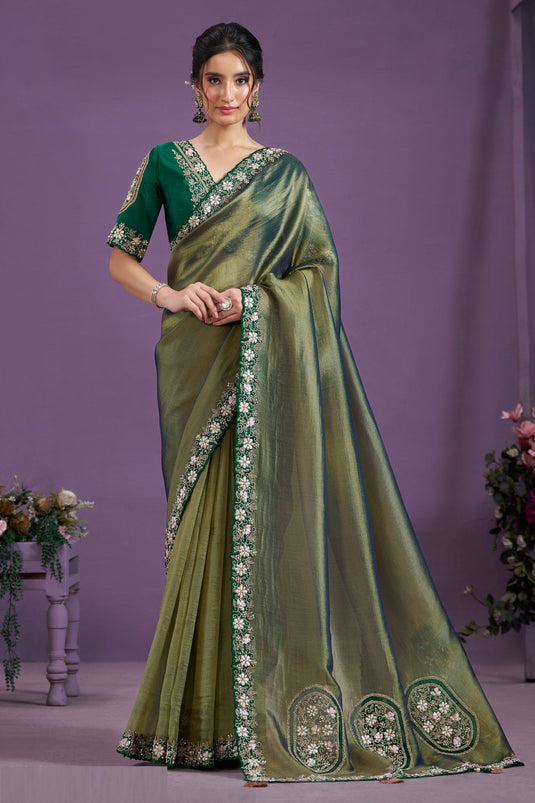 Green Color Glamorous Tissue Fabric Party Style Two Tone Saree