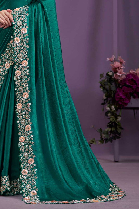 Attractive Satin Silk Party Style Two Tone Saree In Teal Color