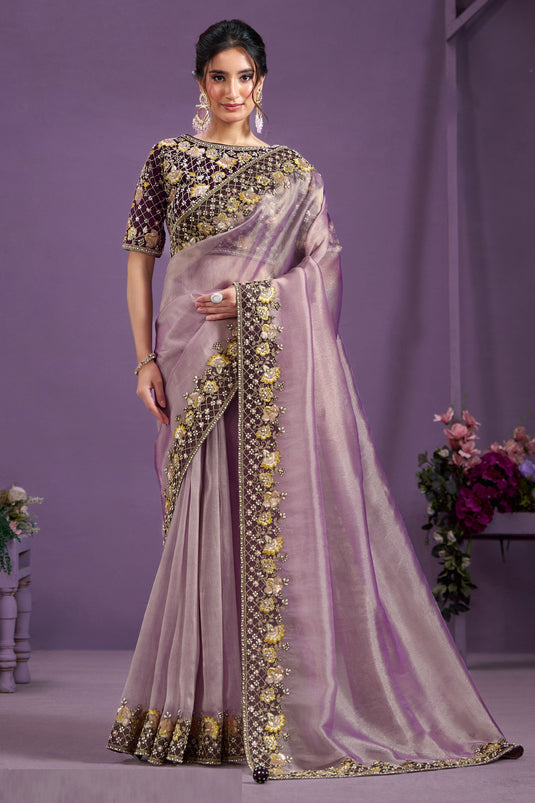 Alluring Lavender Color Tissue Fabric Party Style Two Tone Saree