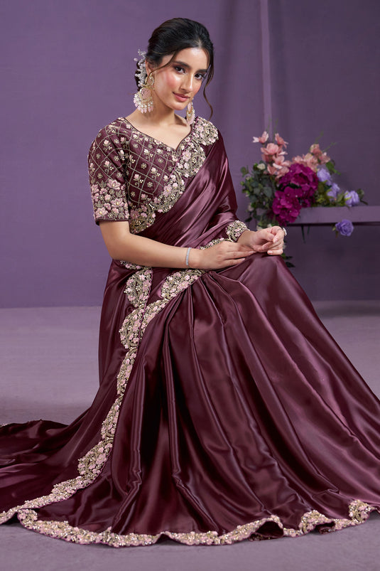 Wine Color Graceful Satin Silk Party Style Two Tone Saree