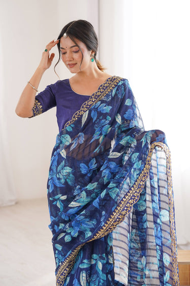 Printed Fancy Fabric Blue Saree For Casual Wear