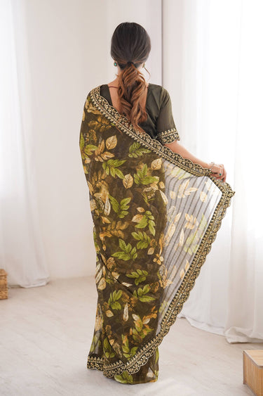 Olive Green Casual Wear Fancy Fabric Printed Saree
