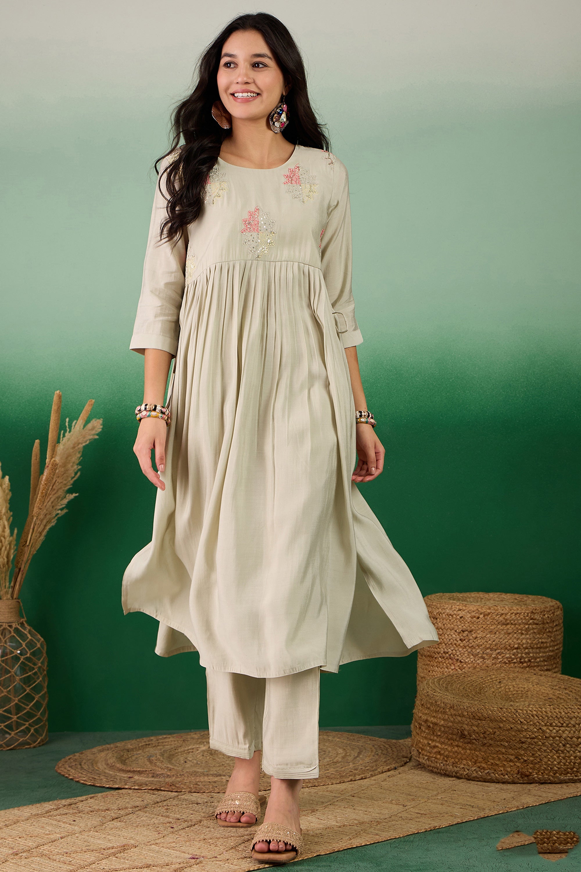 Green Color Muslin Fabric Riveting Readymade Kurti With Bottom – Sarees ...