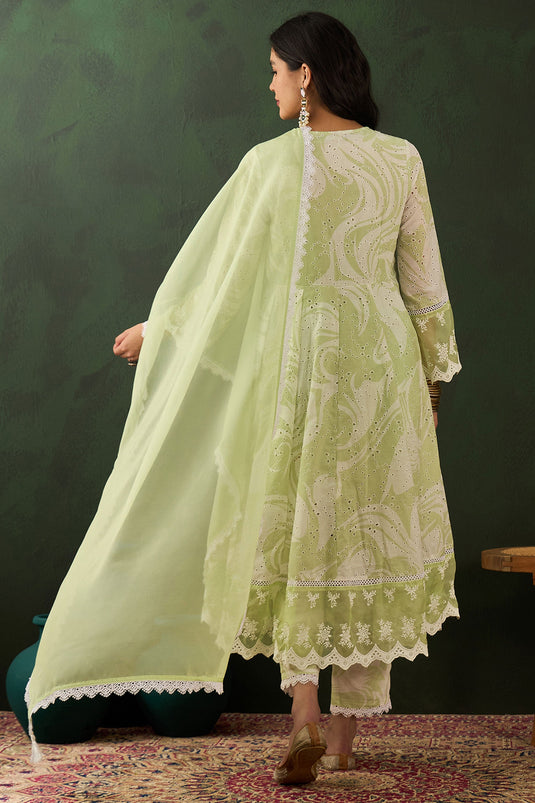 Excellent Cotton Fabric Green Color Readymade Salwar Suit In Festive Wear
