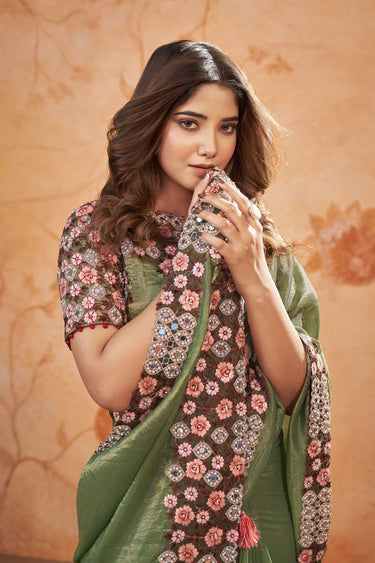 Banarasi Silk Embroidered Border Work Saree In Green Color