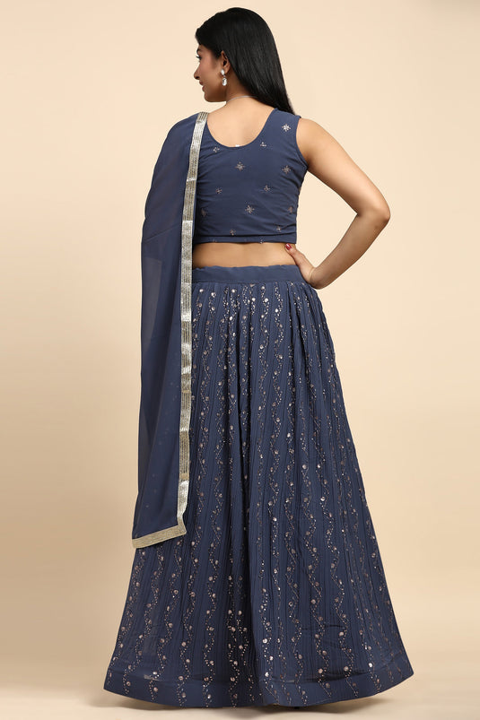 Function Wear Luminous Readymade Georgette Lehenga In Navy Blue Color