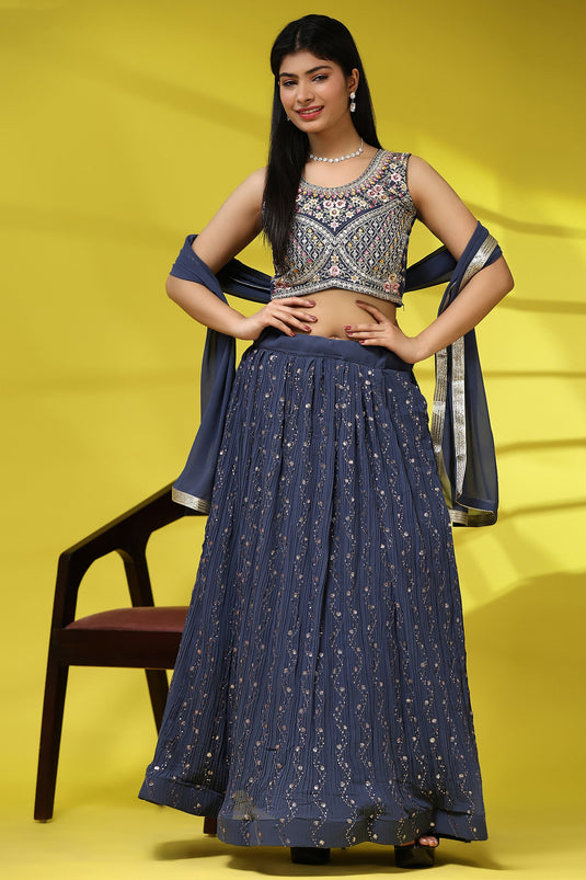 Function Wear Luminous Readymade Georgette Lehenga In Navy Blue Color