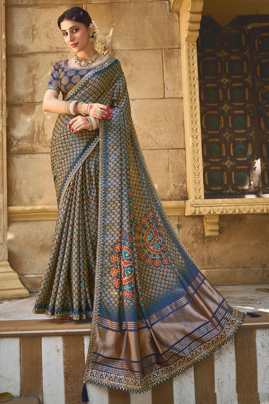 Gajji Silk Fabric Teal Color Pleasance Saree With Border Work