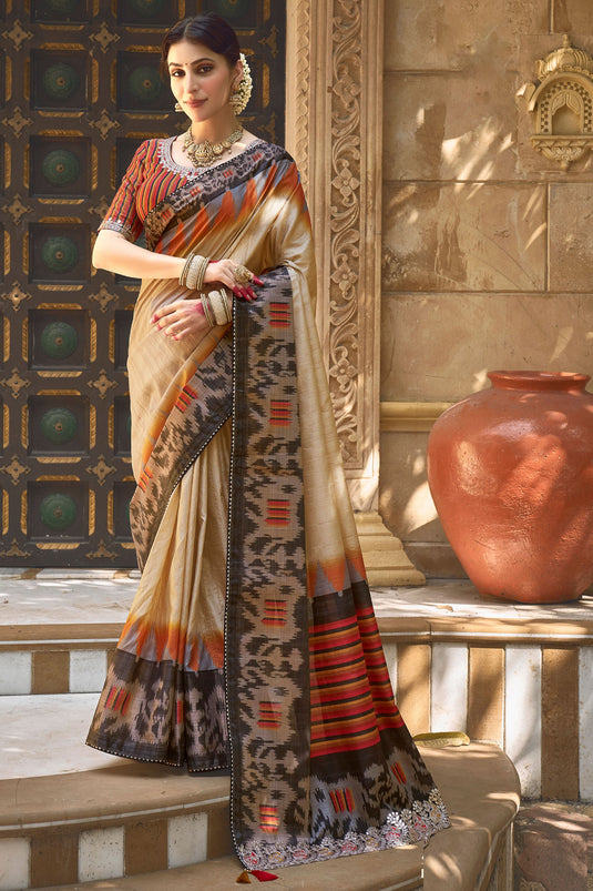 Art Silk Fabric Beige Color Excellent Saree With Border Work