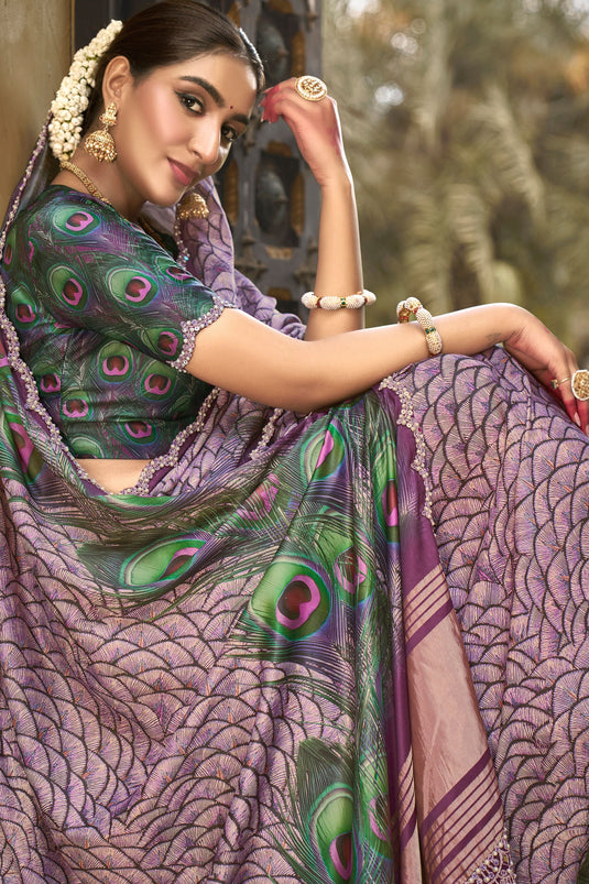 Purple Color Gajji Silk Fabric Engaging Saree With Border Work