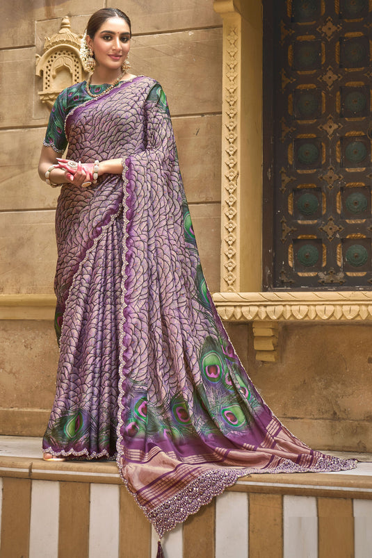 Purple Color Gajji Silk Fabric Engaging Saree With Border Work