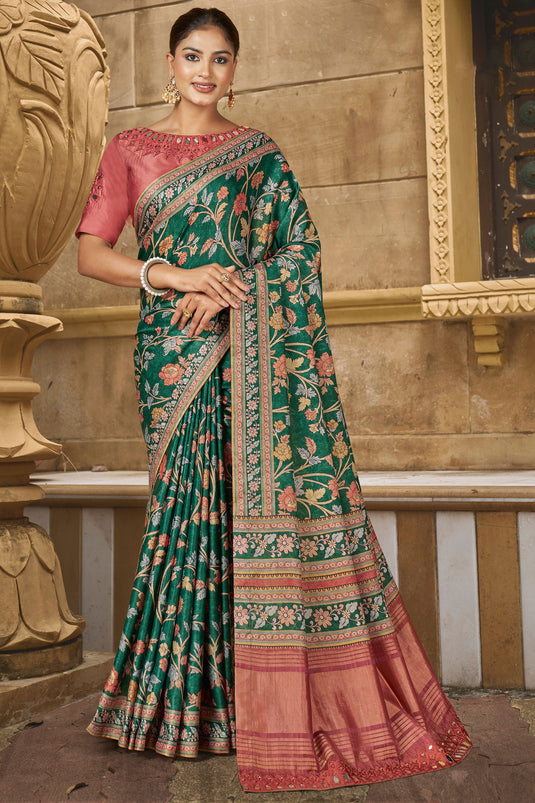 Incredible Border Work On Gajji Silk Fabric Green Color Saree