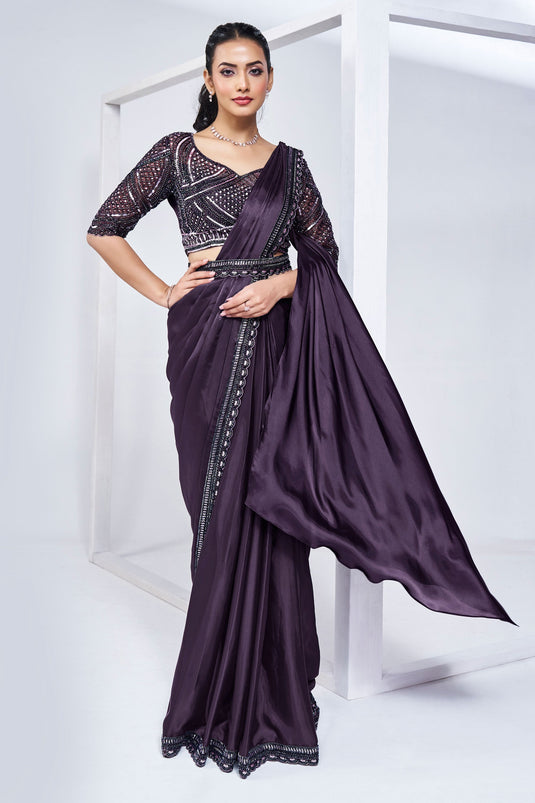 Mesmeric Purple Color Ready To Wear Saree In Crepe Fabric